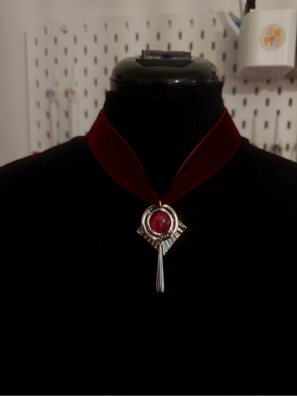 Elegant Red Velvet Choker Necklace with Silver Pendant